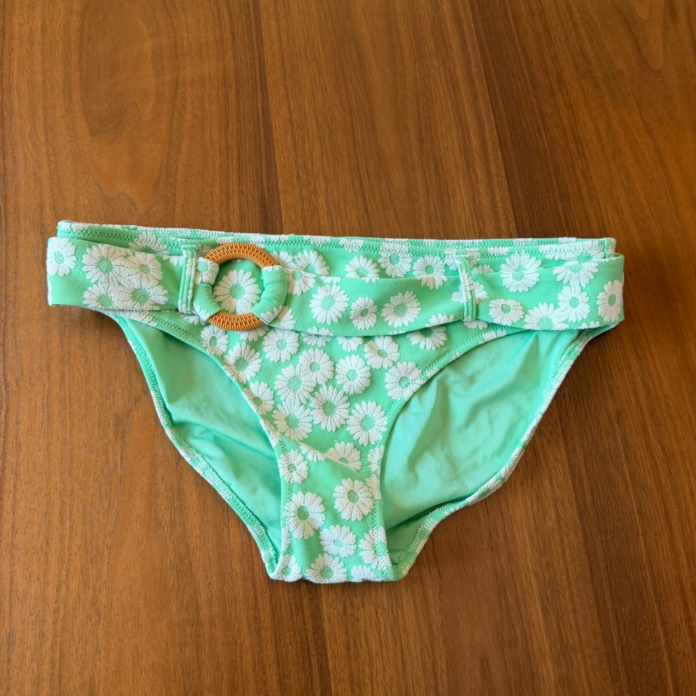 Aerie Mint Green Daisy Floral Belted Bikini Bottom Wood Ring Size M